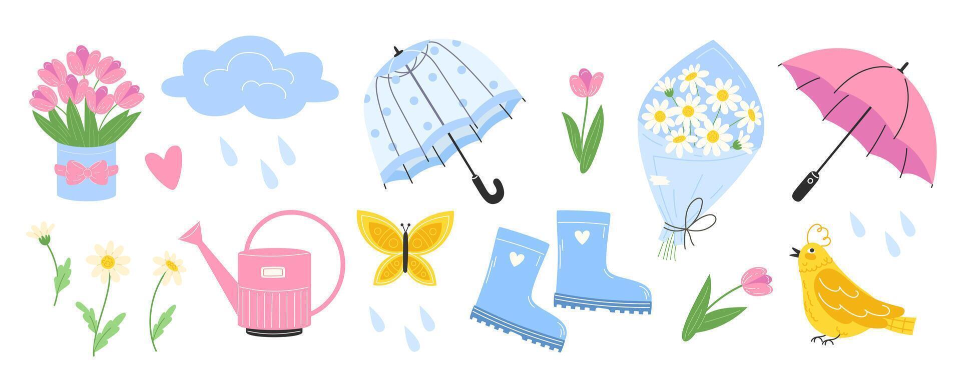 Spring Collection of Bright Elements with Flowers, Transparent umbrella, Birds and Rainy Weather. Cute garden accessories for spring and summer vector