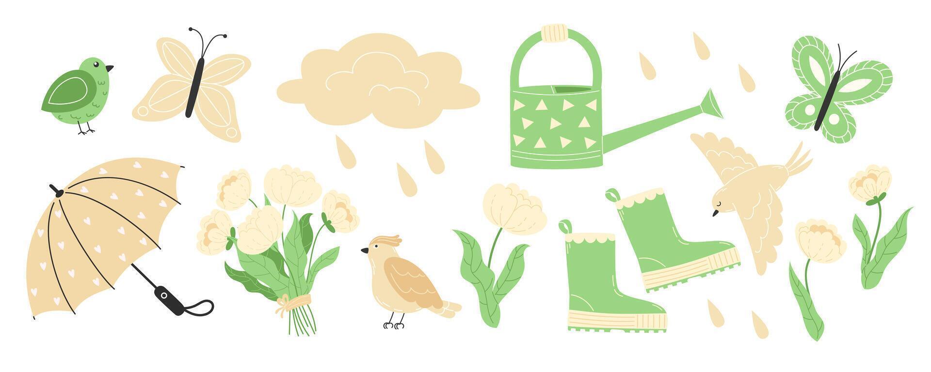 Delicate Springtime Collection of Rubber Boots, Flowers, Birds, White Peonies and Butterflies vector