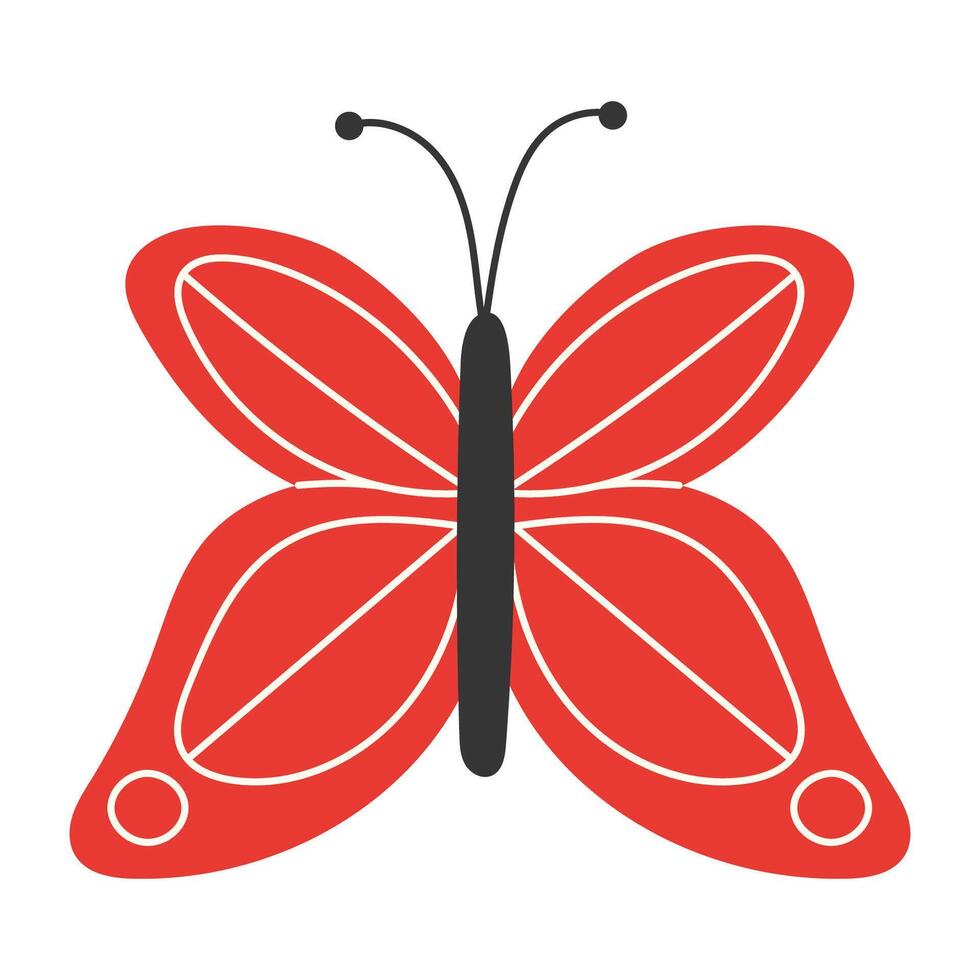 Elegant Red Butterfly with White Linear Patterned Wings in Flat Style Isolated on White Background vector