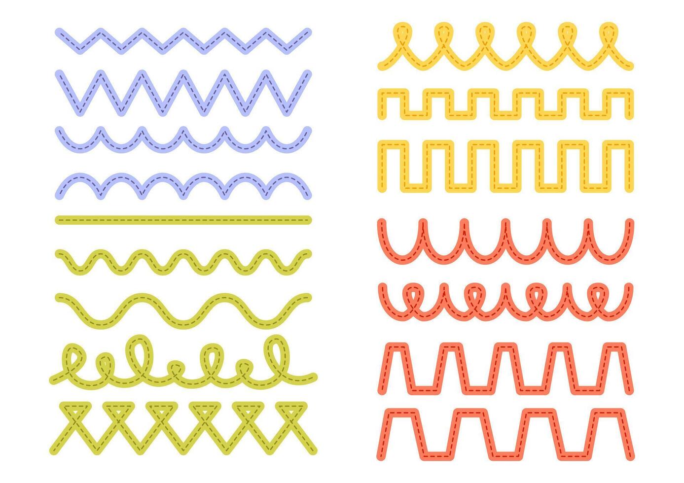 Set of lines of different shapes for tracing, writing practice, teaching writing, handwriting. Dotted multi colored lines on a white background. Preschool children training, for printing vector