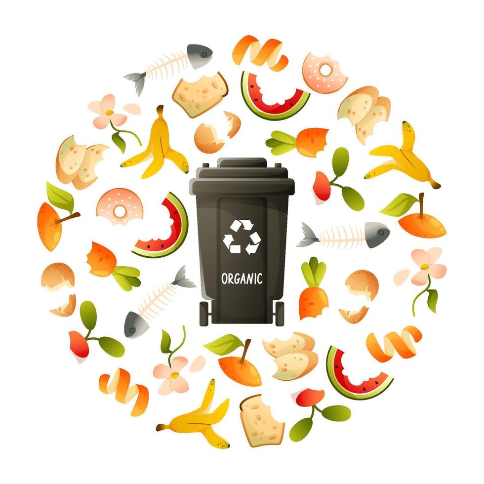 Set of organic garbage and waste bin for waste sorting. Round template with food waste, black bin for them in the middle. Zero waste theme and modern environmental problem. vector