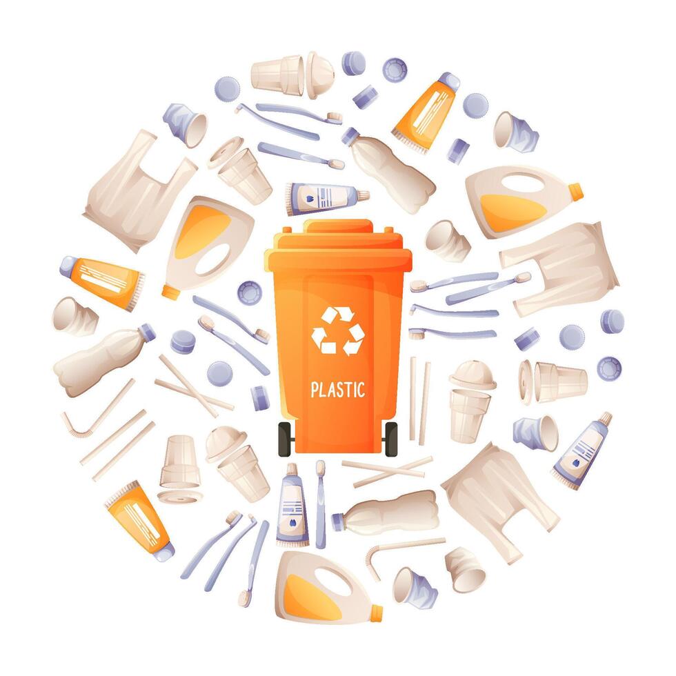 Set of plastic garbage, orange container for plastic packaging, concept of sorting, separating and recycling garbage. Eco-friendly habit, earth day, zero waste. vector