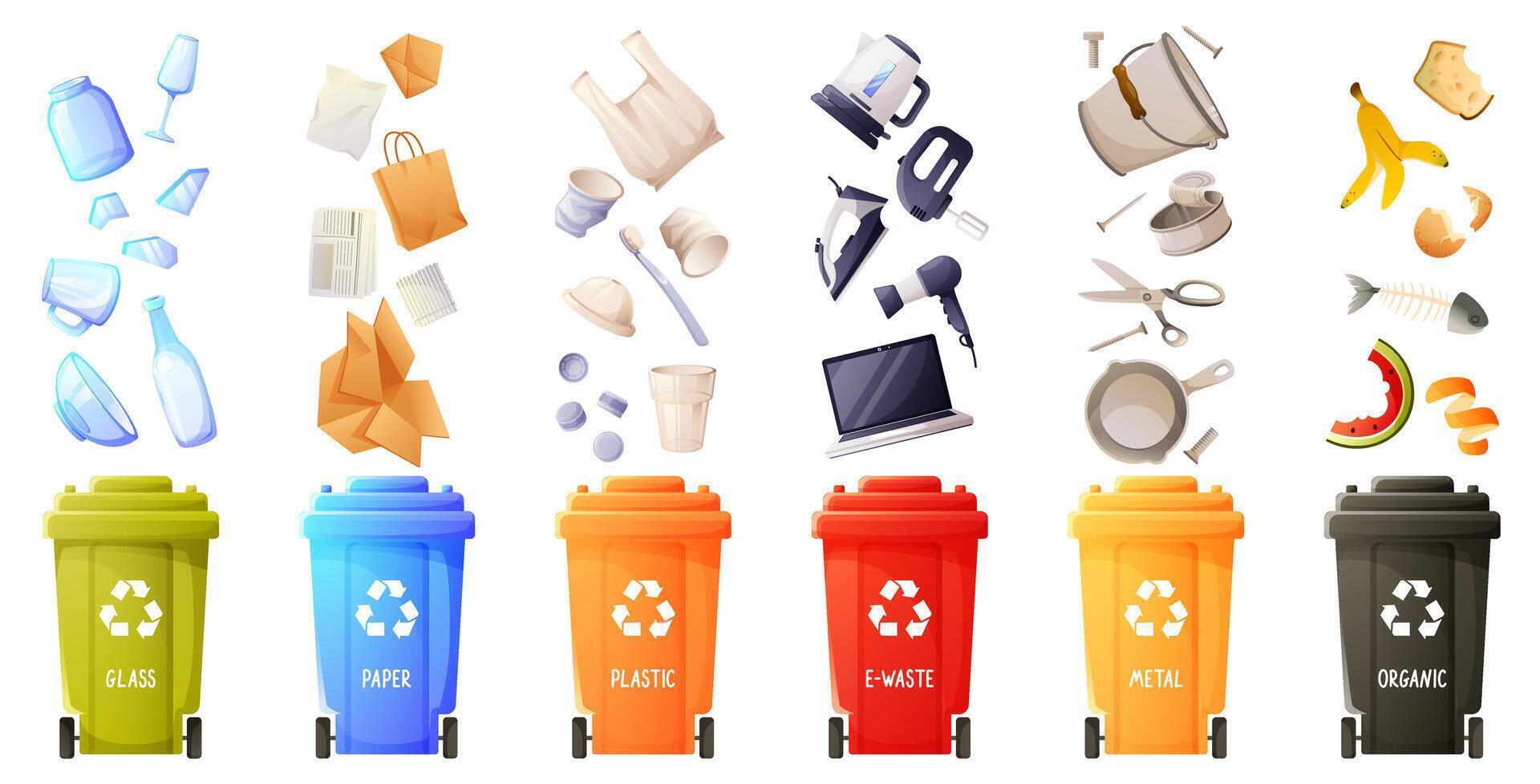 Garbage over trash bins. Waste management concept, segregation, separation, trash bins, sorting, recycling, trash can. Paper, plastic, scrap metal, glass, organic waste, e-waste. vector