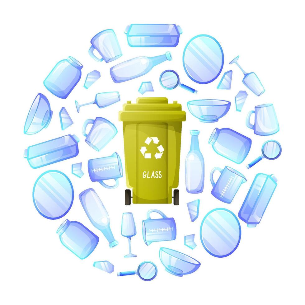 Glass waste in round template, glassware, green container, waste sorting, separation and recycling concept. Environmental protection, sustainable development, eco-friendly lifestyle. vector