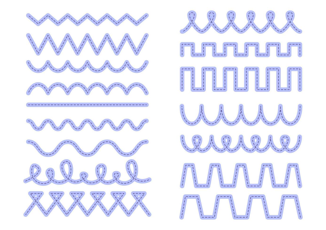 Set of lines of different shapes for tracing, writing practice, learning to write, handwriting. Dotted purple lines on a white background, wavy, zigzag. Preschool children's education, printable tasks vector