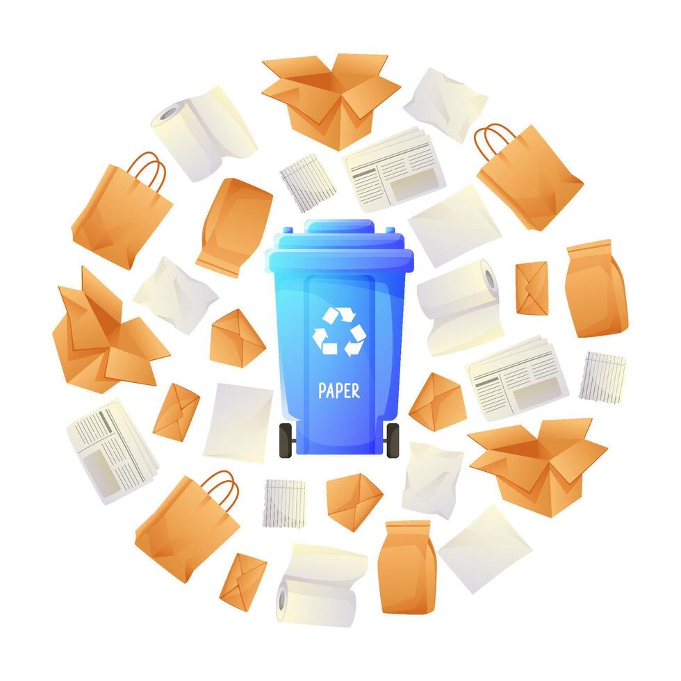 Round template, paper waste sorting, blue waste paper container, waste separation and recycling. Stickers, sorting game for children, teaching eco-friendly habits. vector