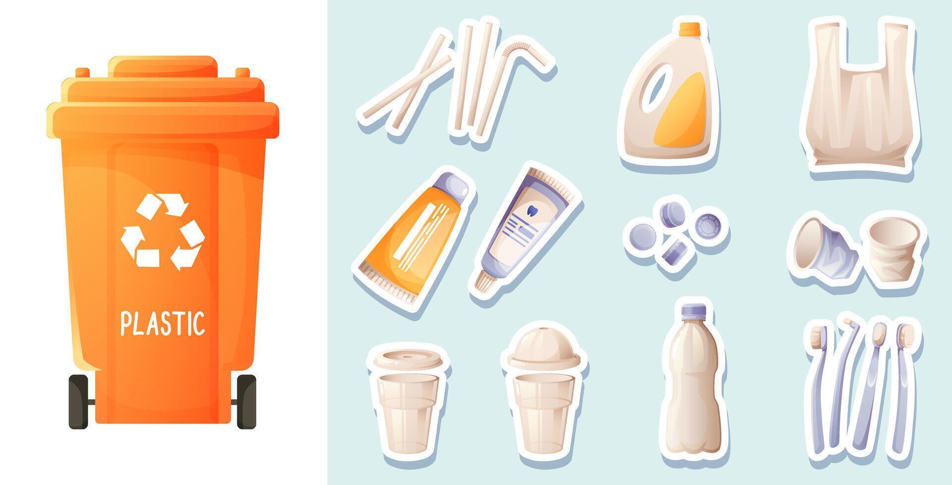 Set of plastic garbage, orange container for plastic packaging, concept of sorting, separation and recycling of garbage. Stickers, sorting game for children, teaching eco-friendly habits. vector
