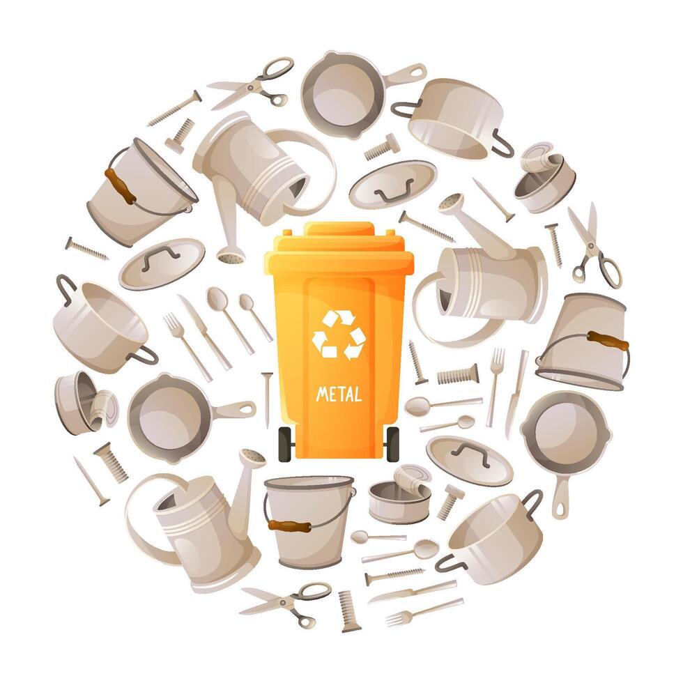 Metal waste in round template, scrap metal, metal utensils, yellow container, waste sorting, separation and recycling concept. Environmental protection, sustainable development, eco-friendly lifestyle vector