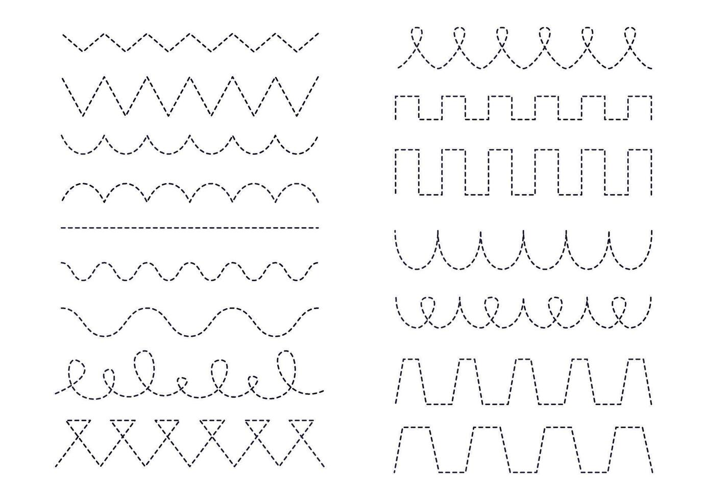 Set of lines of different shapes for tracing, writing practice, learning to write, handwriting. Dotted black lines on a white background, wavy, zigzag. Preschool children training, printable tasks. vector