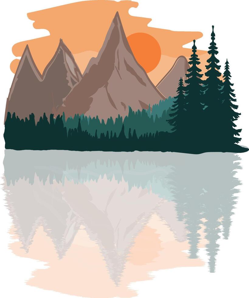 Mountain Sunset with Lake Reflection and Pine Trees vector