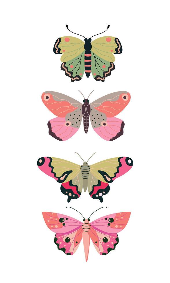 Set of butterflies in pink colors, flat style illustration on white background vector