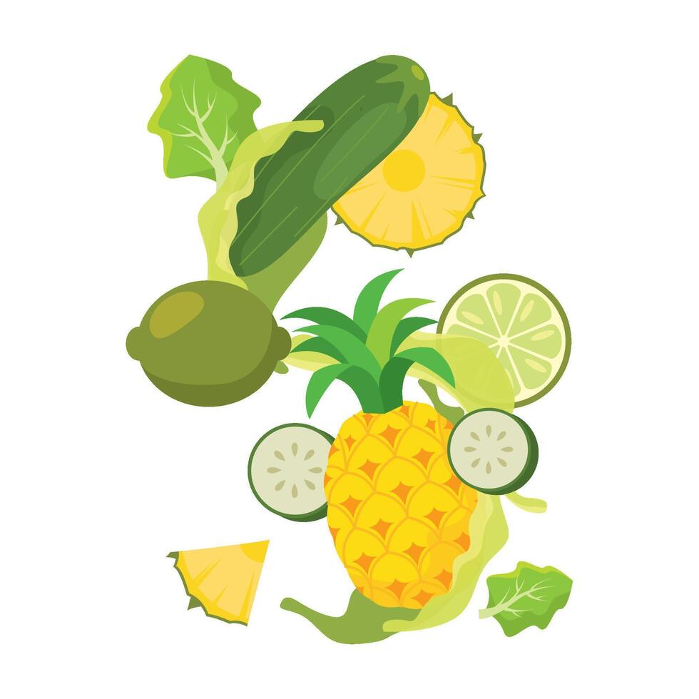 Green fruits and pineapple splash with cucumber slices vector