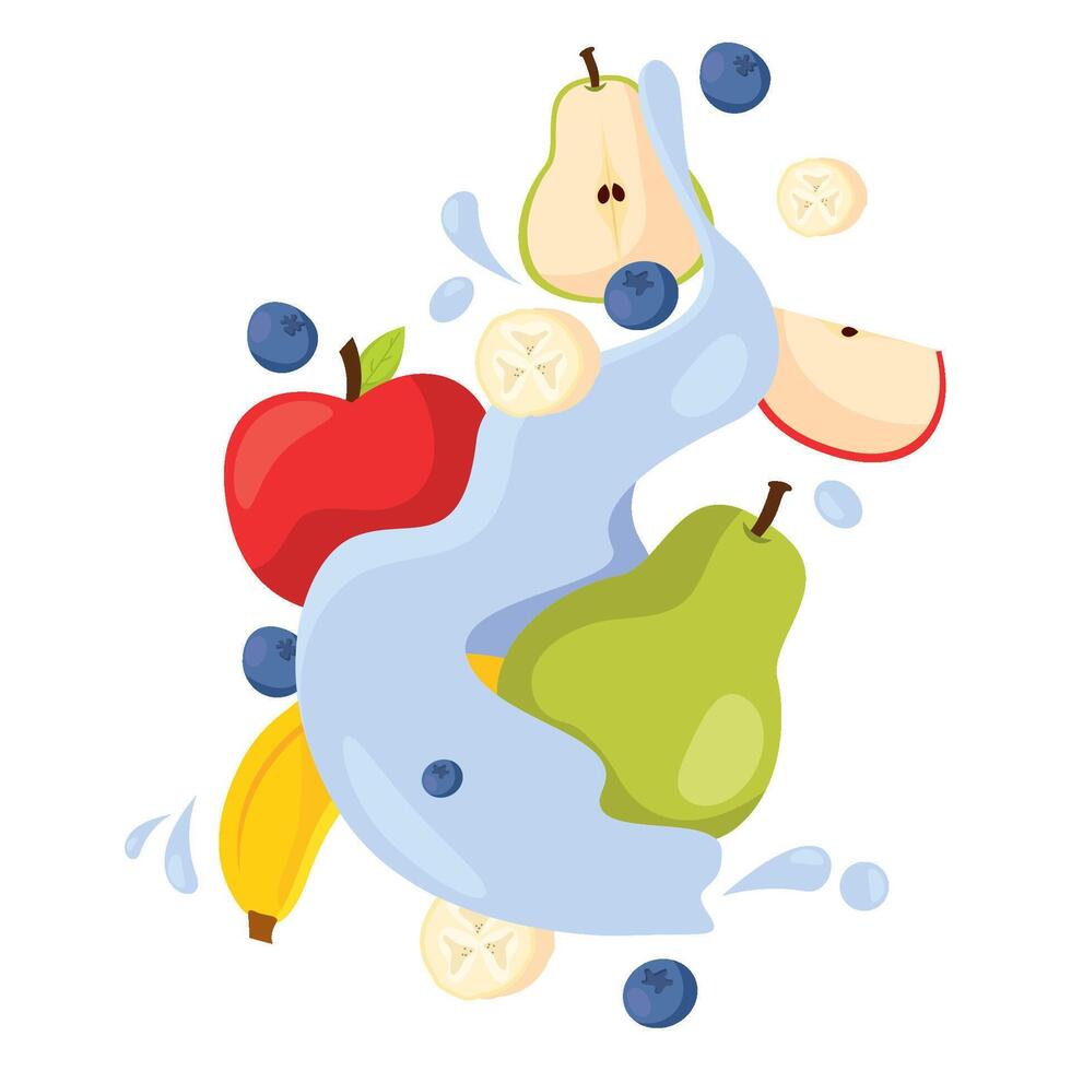 Assorted fresh fruits with banana and blue splash vector