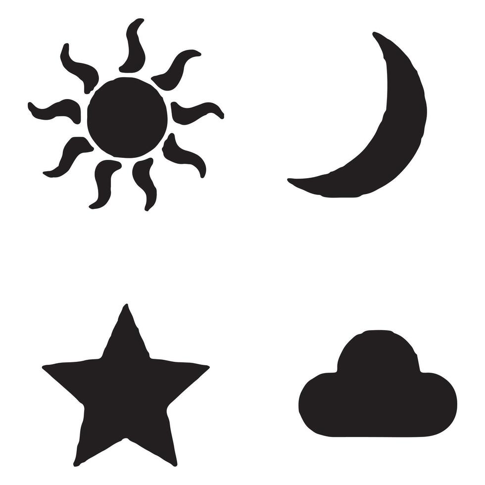 Icons of celestial bodies and weather elements in black and white. vector