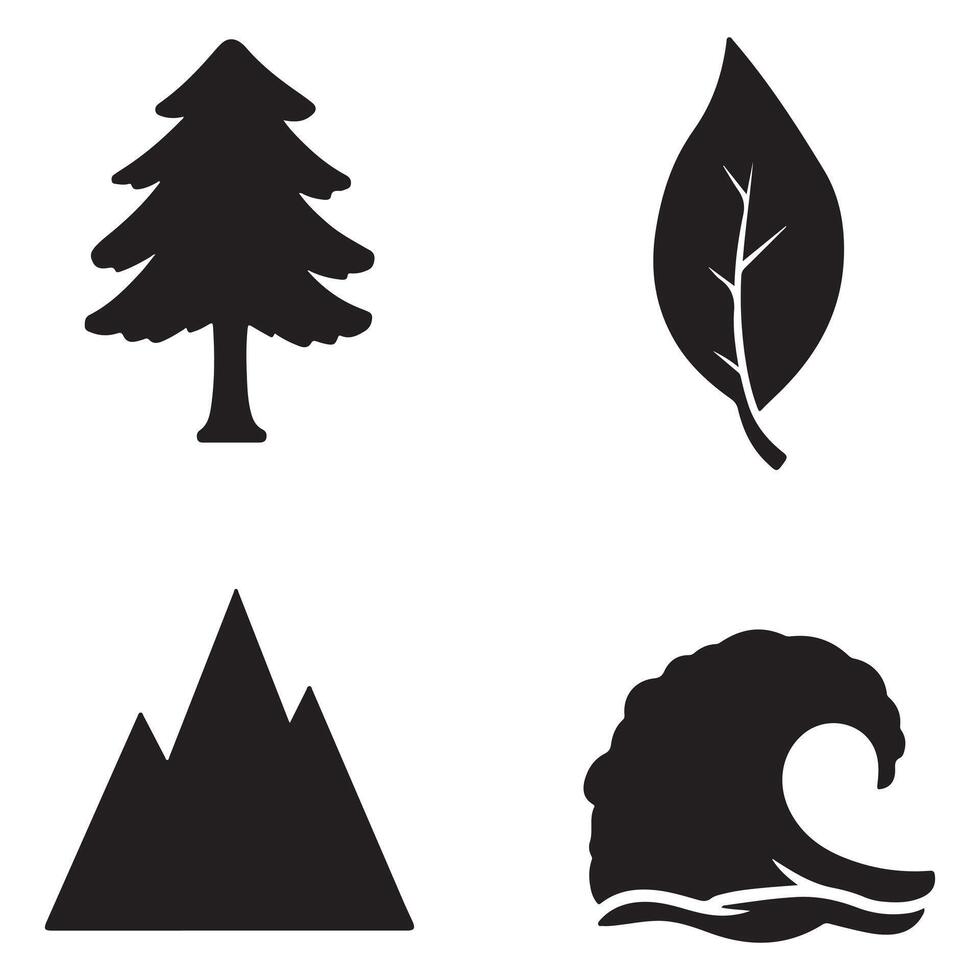 Black silhouettes of trees, leaves, mountains, and ocean waves are examples of natural elements. vector