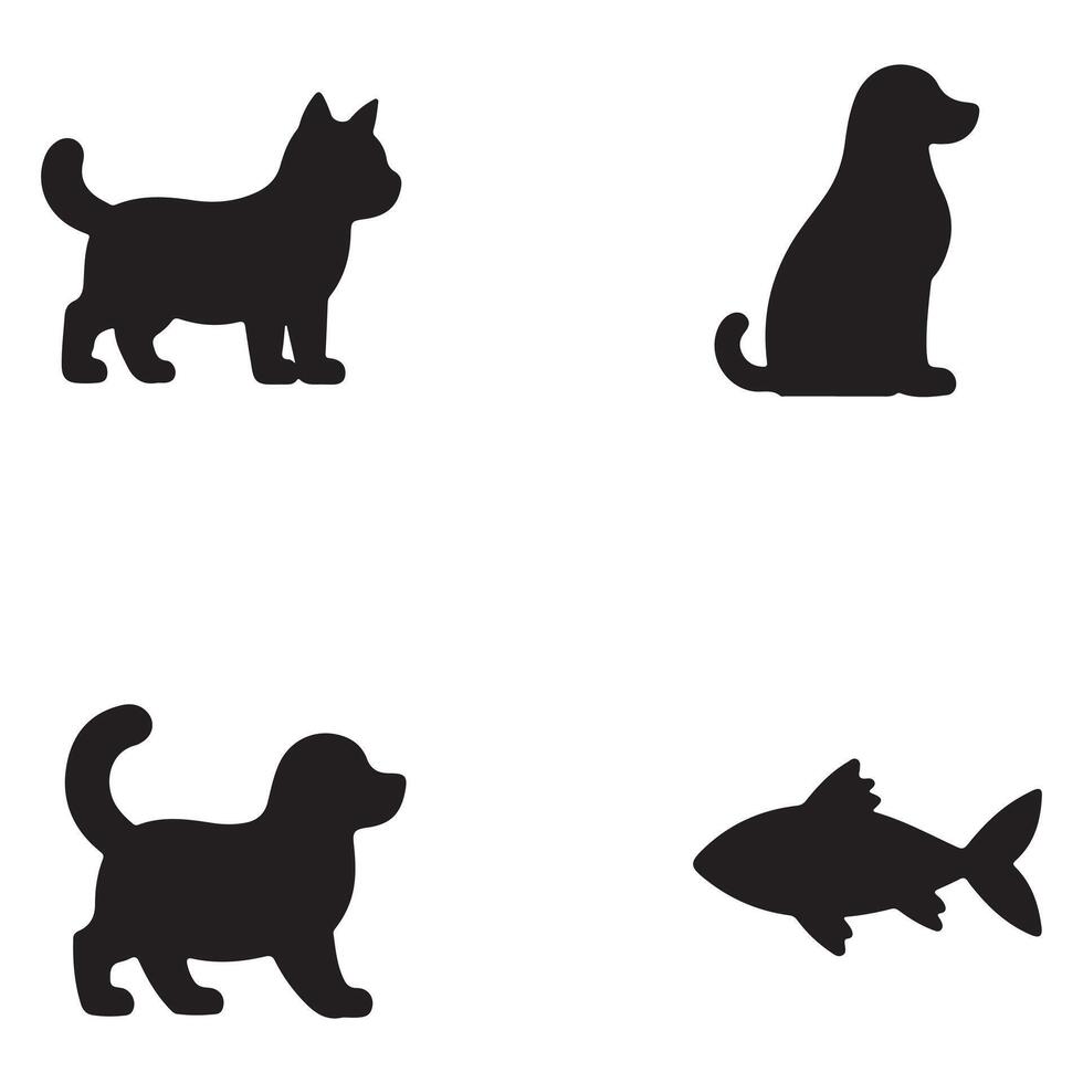 Silhouettes of a cat, two dogs, and a fish against a white background. vector