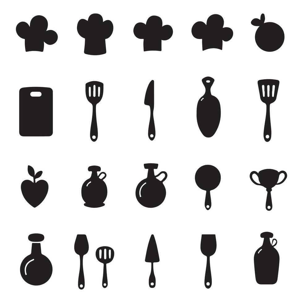 Tools and supplies for the kitchen and cooking in a black and white graphic vector