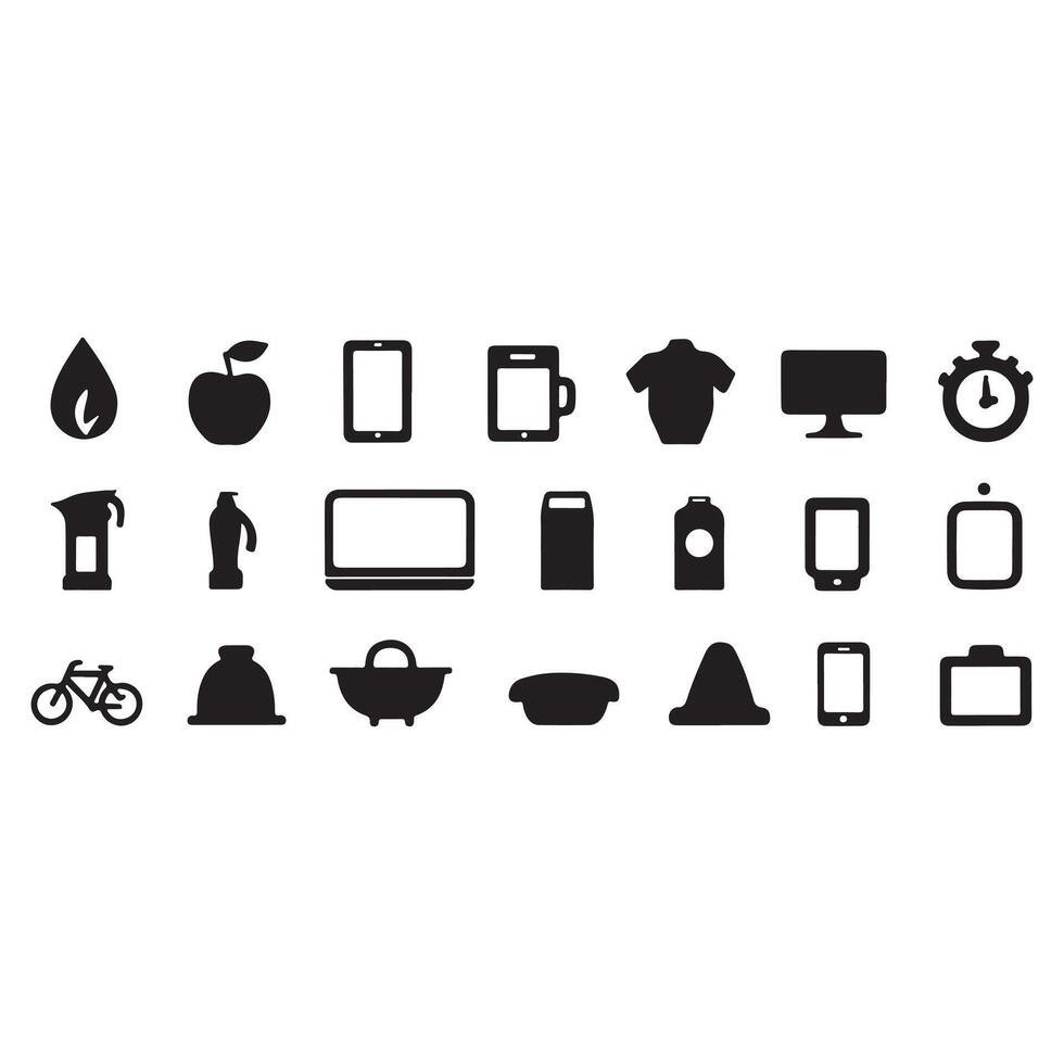 Assortment of minimalistic black icons representing various objects and items vector