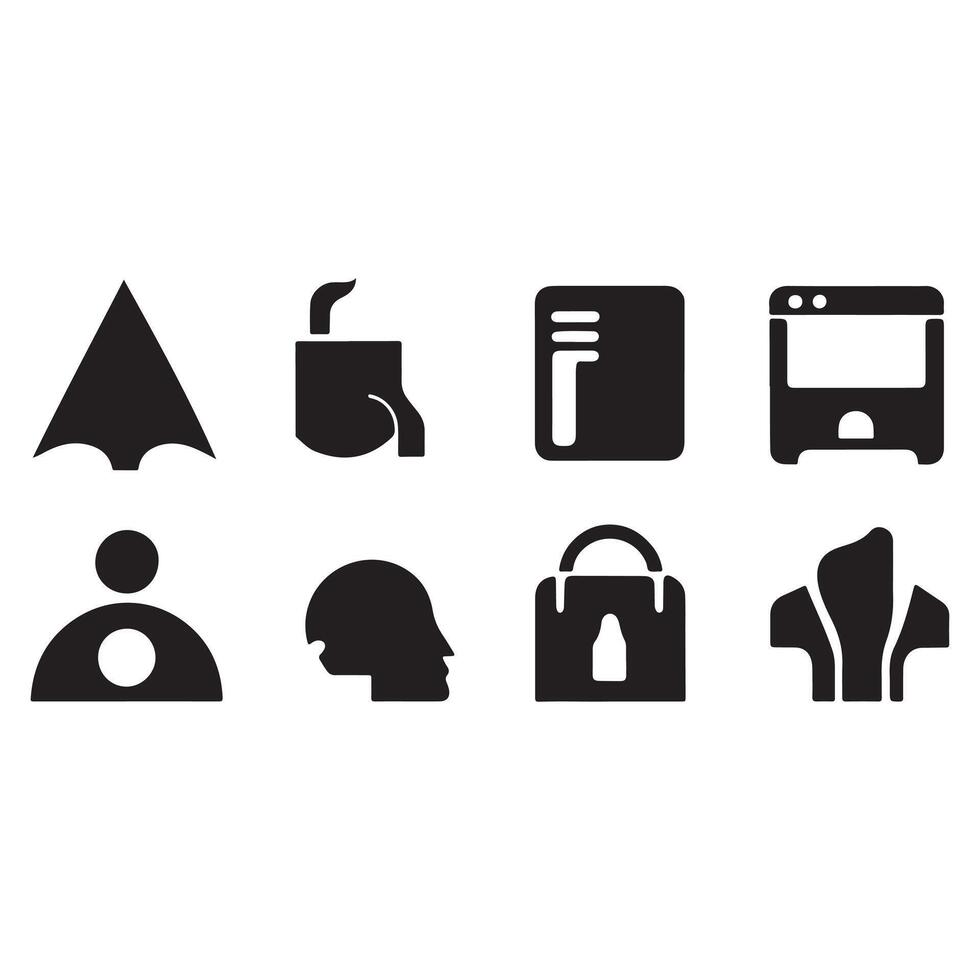 Collection of black icons representing different objects and concepts vector