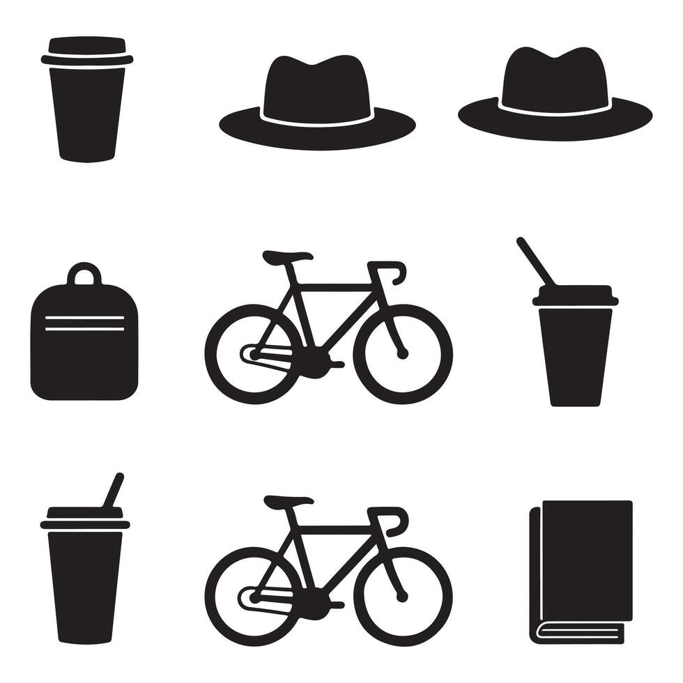 Collection of silhouettes including coffee cups, hats, bicycles, backpacks, and a book. vector
