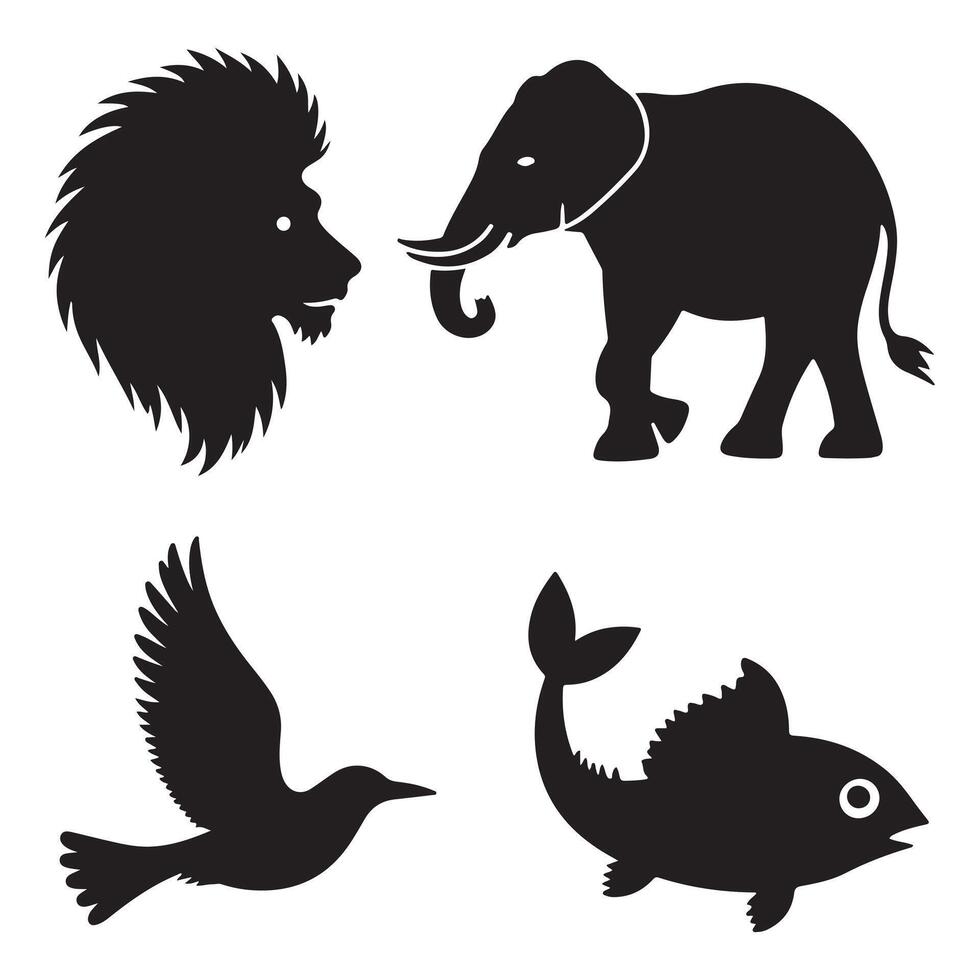 Silhouettes of a lion, elephant, bird, and fish, representing diverse wildlife vector