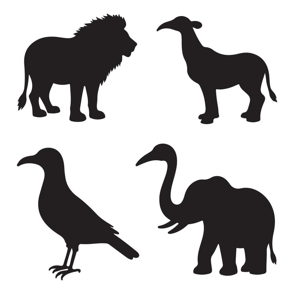Silhouettes of Lion, Camel, Crow, and Elephant vector