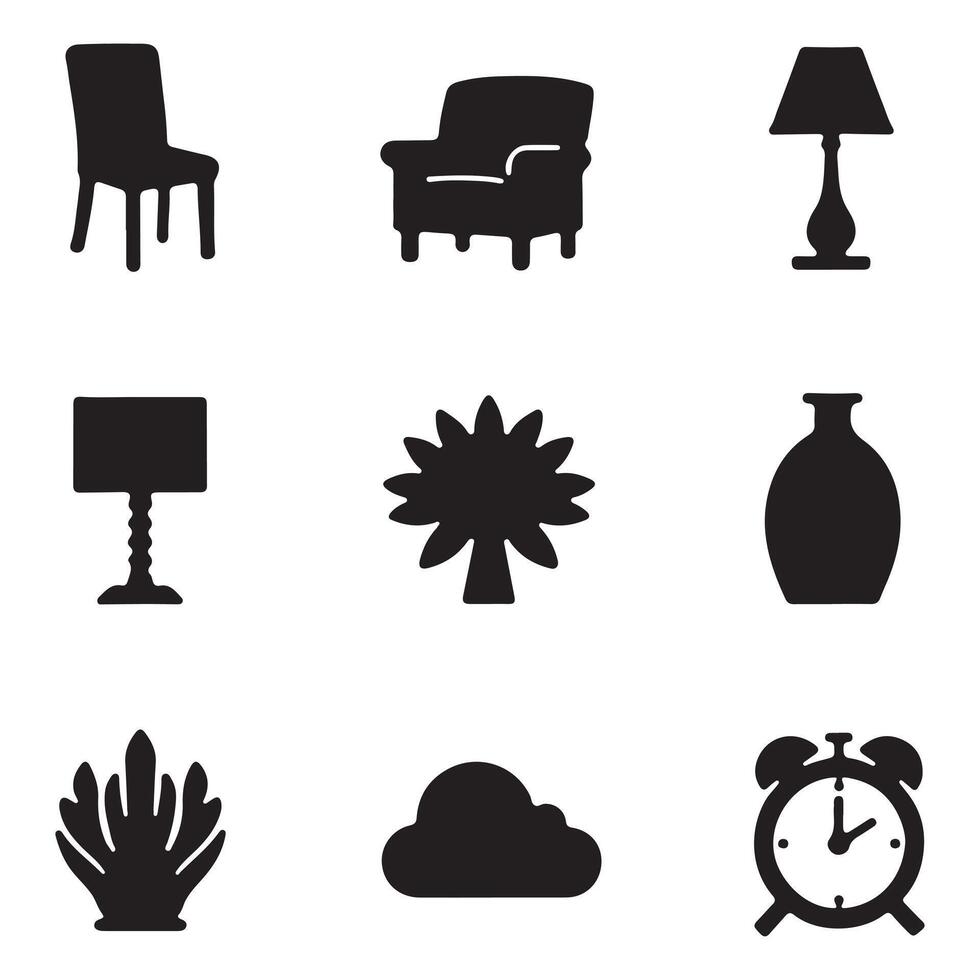 Collection of furniture, decorative objects, and nature icons vector
