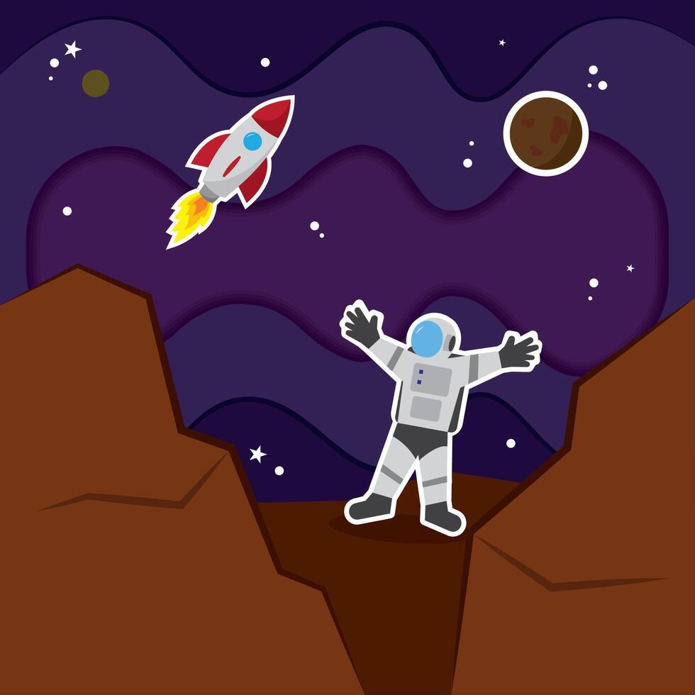 Colored universe background with astronaut and spaceship vector