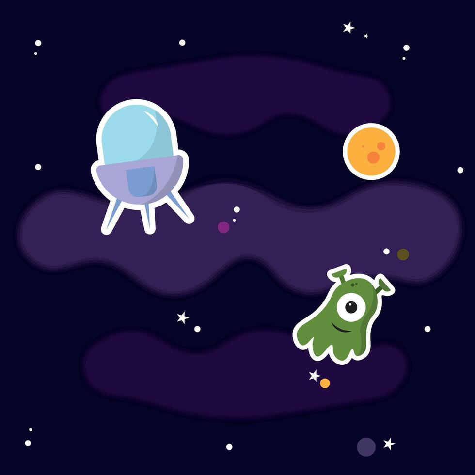 Colored universe background with ufo and alien character vector