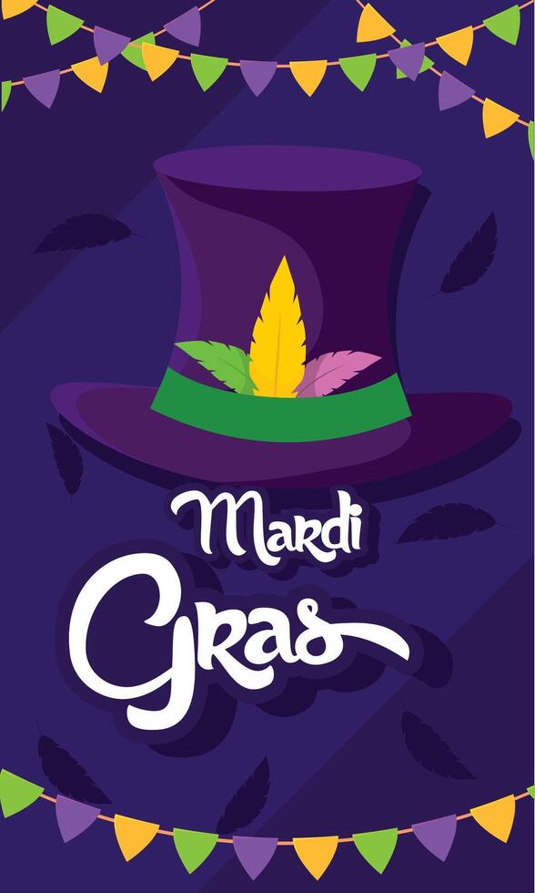 Purple Mardi Gras hat with feathers and flags vector