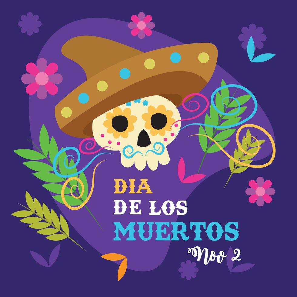 Sugar skull in sombrero with colorful floral details. vector