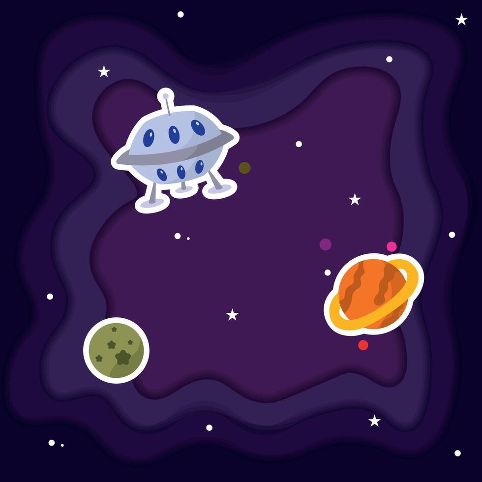 Colored universe background with ufo and planets vector