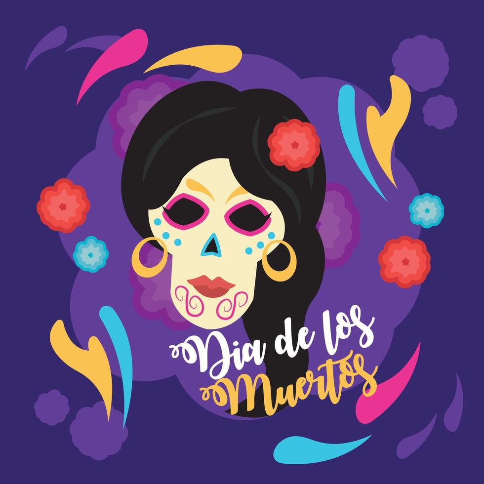 Female sugar skull with makeup and floral decor. vector