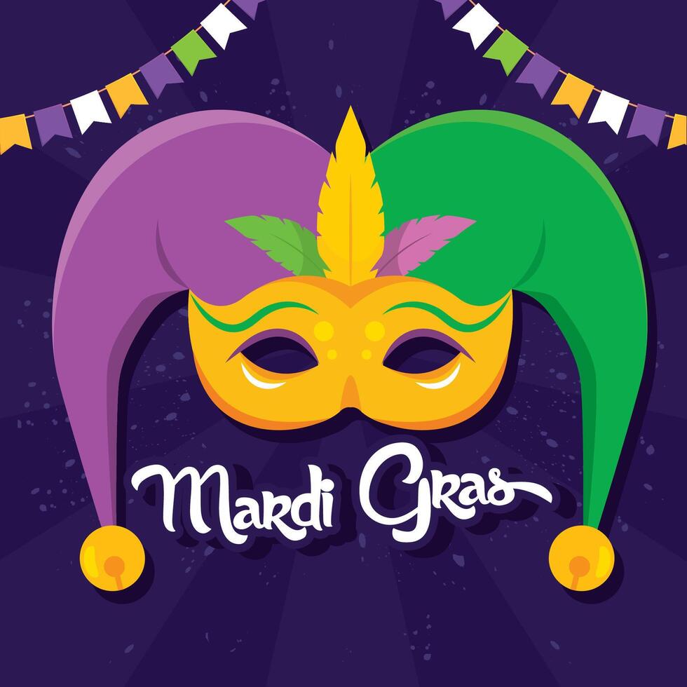 Mardi Gras jester hat with colorful feathers vector