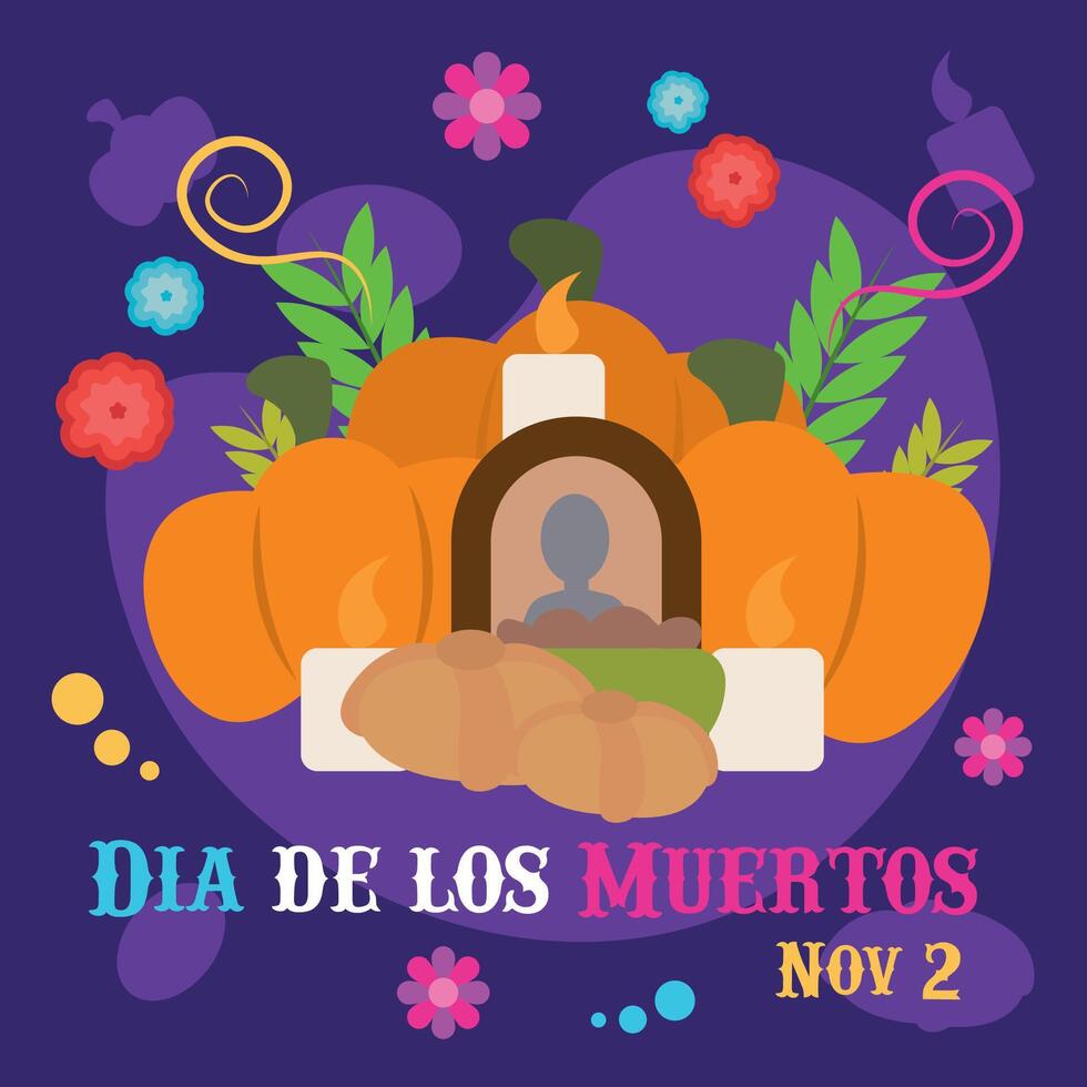 Pumpkin altar with candles and pan de muerto. vector