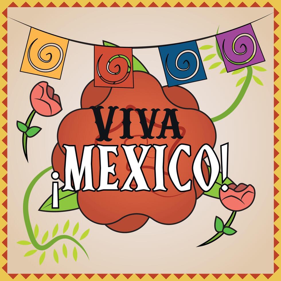 Viva Mexico text with rose and paper flags. vector
