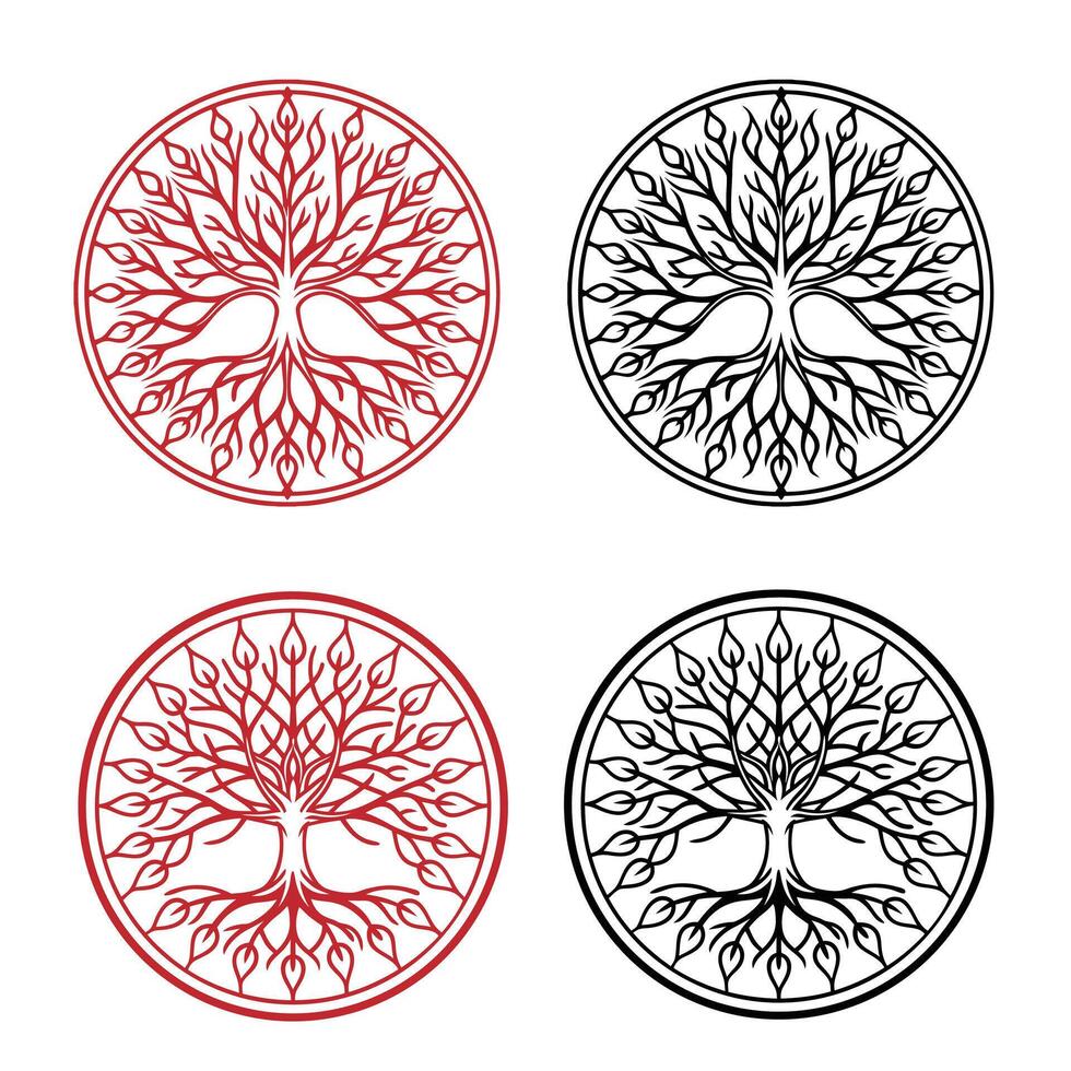 Set of live tree circle mandala colouring page lineart in white background 2025 new trendy vector