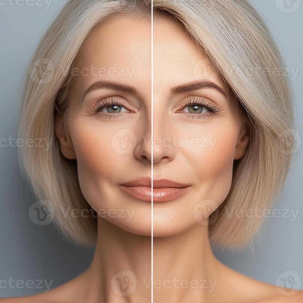 split image showcasing woman face, highlighting beauty and skincare effects. left side displays natural skin, while right side shows enhanced features, emphasizing contrast photo