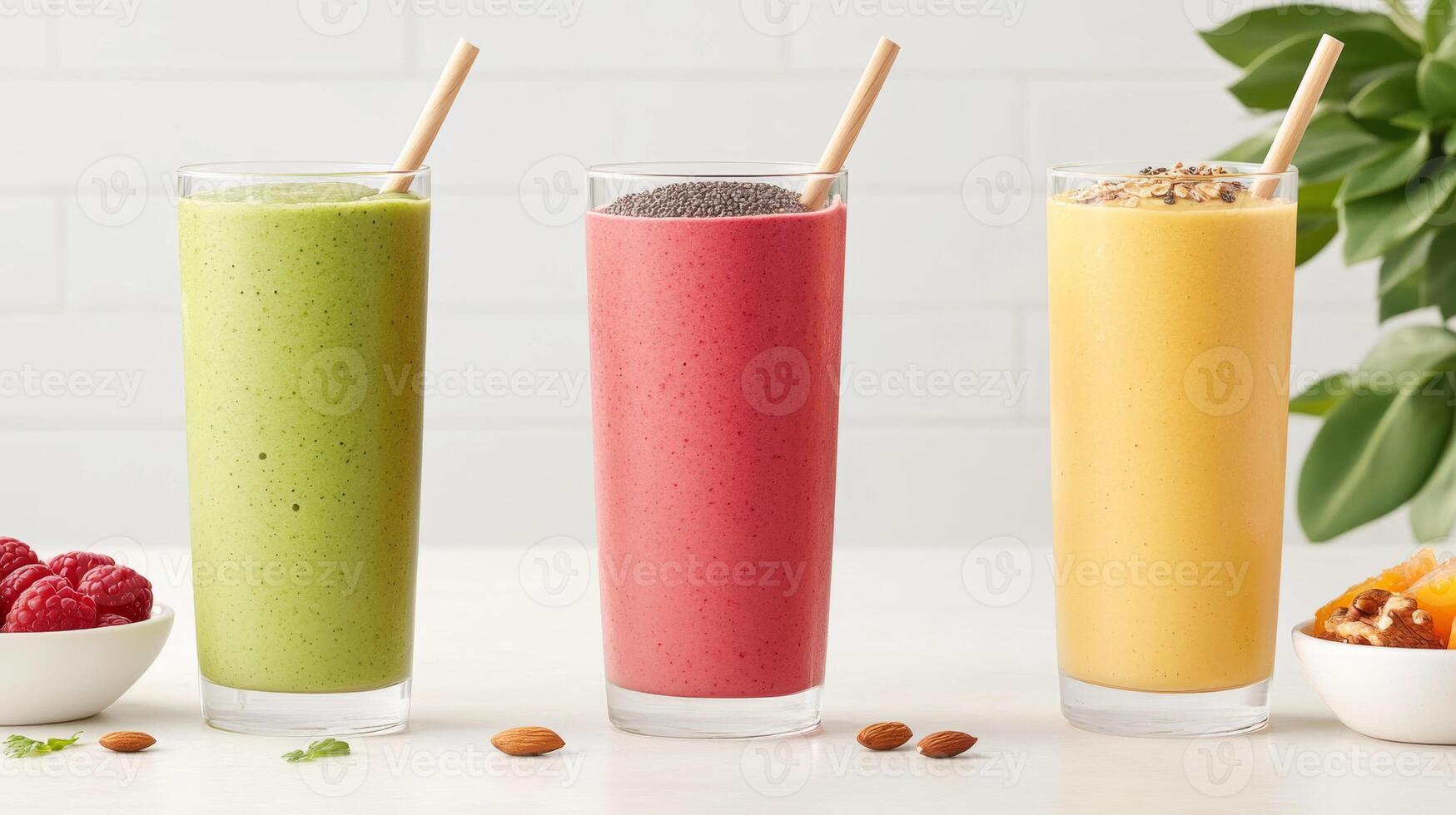 Fresh smoothies in three glasses, featuring green, pink, and yellow colors, garnished with toppings, surrounded by fruits and nuts, creating vibrant and healthy scene photo