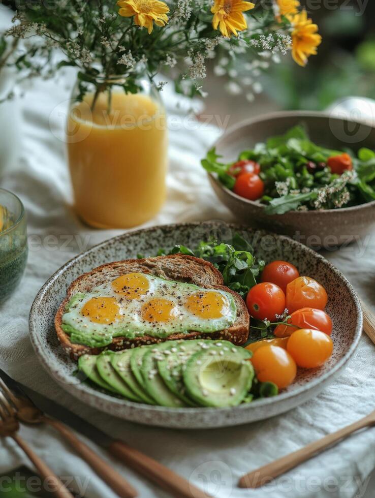 Delicious breakfast featuring avocado toast topped with eggs, cherry tomatoes, and fresh salad. vibrant and healthy meal, perfect for starting day with energy photo