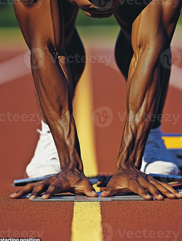 sprinter in starting position on track, showcasing strong arms and focus. athlete prepares for race, emphasizing determination and athleticism photo