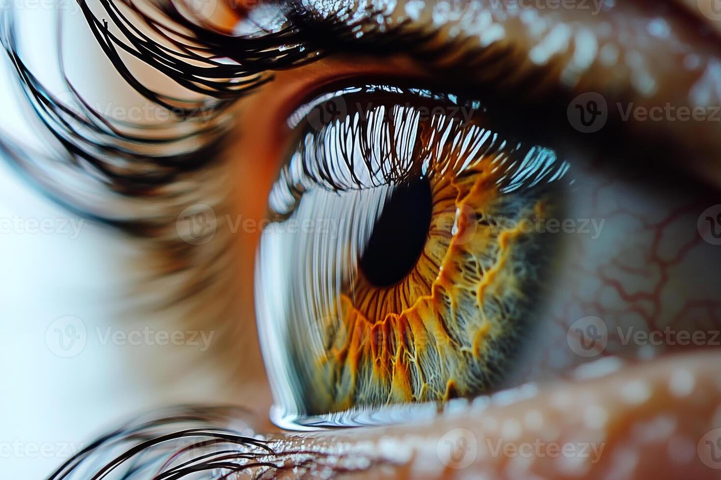 close up of human eye showcasing intricate details, vibrant colors, and striking patterns. image captures beauty and complexity of iris and eyelashes photo