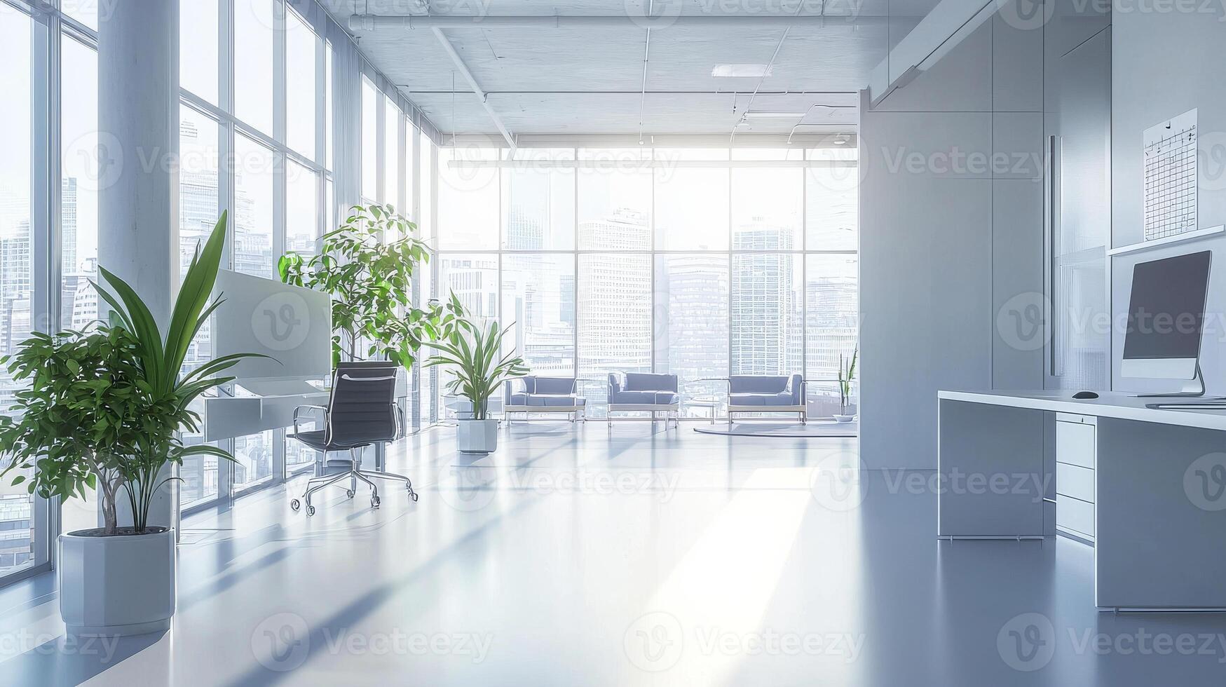 Modern office interior with large windows, and sleek furniture, creating bright and inviting workspace photo