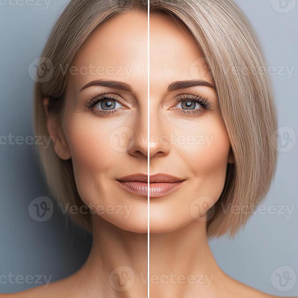 Im unable to identify person image. However, I can help you create description and keywords based content.A split image of woman showcasing beauty and skincare effects, highlighting smooth skin photo