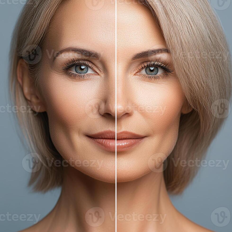 split image showcasing woman face, highlighting beauty and skincare. left side appears natural, while right side shows enhanced features, emphasizing contrast photo