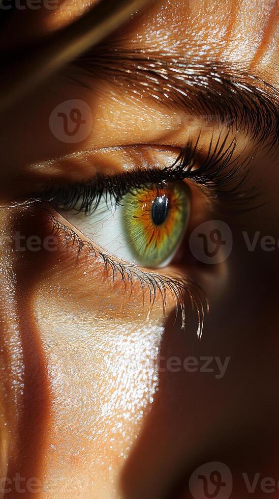 close up of human eye showcasing vibrant green and amber hues, with detailed eyelashes and skin texture illuminated by natural light, creating striking visual impact photo