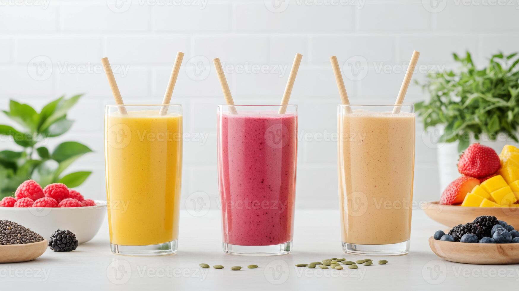Fresh fruit smoothies in clear glasses with straws, surrounded by berries and tropical fruits, create vibrant and healthy scene photo