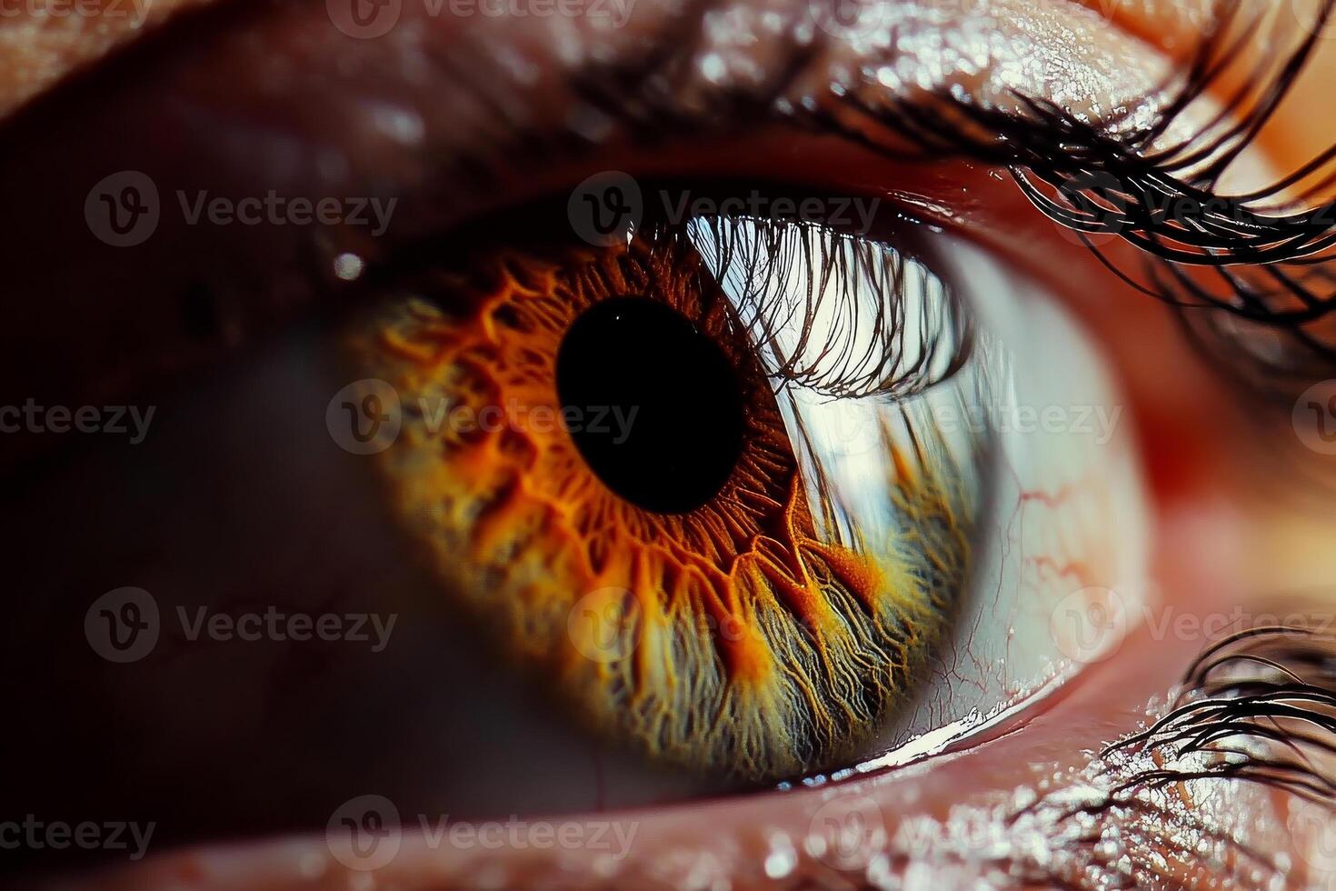 Close up of human eye showcasing intricate details, vibrant colors, and reflections. iris displays stunning blend of orange and yellow hues, creating captivating visual photo