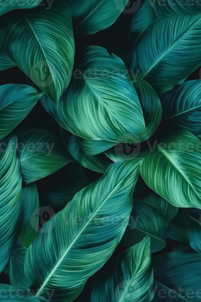 Lush green leaves create vibrant and calming background, perfect for nature lovers. rich textures and shades of green evoke sense of tranquility and freshness photo