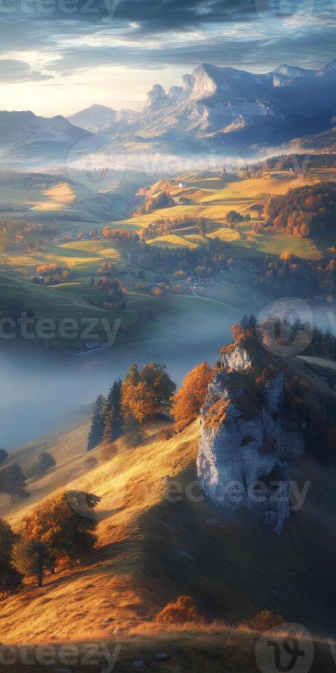 Breathtaking landscape featuring rolling hills, autumn foliage, and misty valleys. scene captures serene beauty of nature with mountains in background and vibrant colors photo